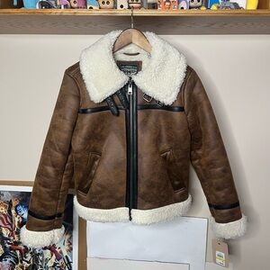 Levis Vintage Faux Leather Brown Shearling Aviator Jacket with White Sherpa